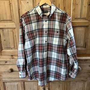 Men's Orvis‎ Large Cream Brown Button Front Shirt Long Sleeve Signature Twill
